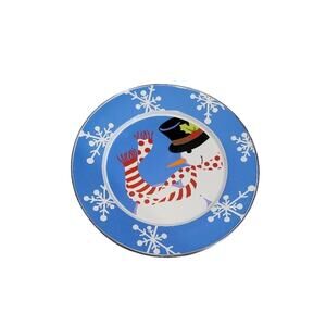 Golden Rabbit Enamelware Snowman Dinner Plate by Michael Sparks 12.5" Blue